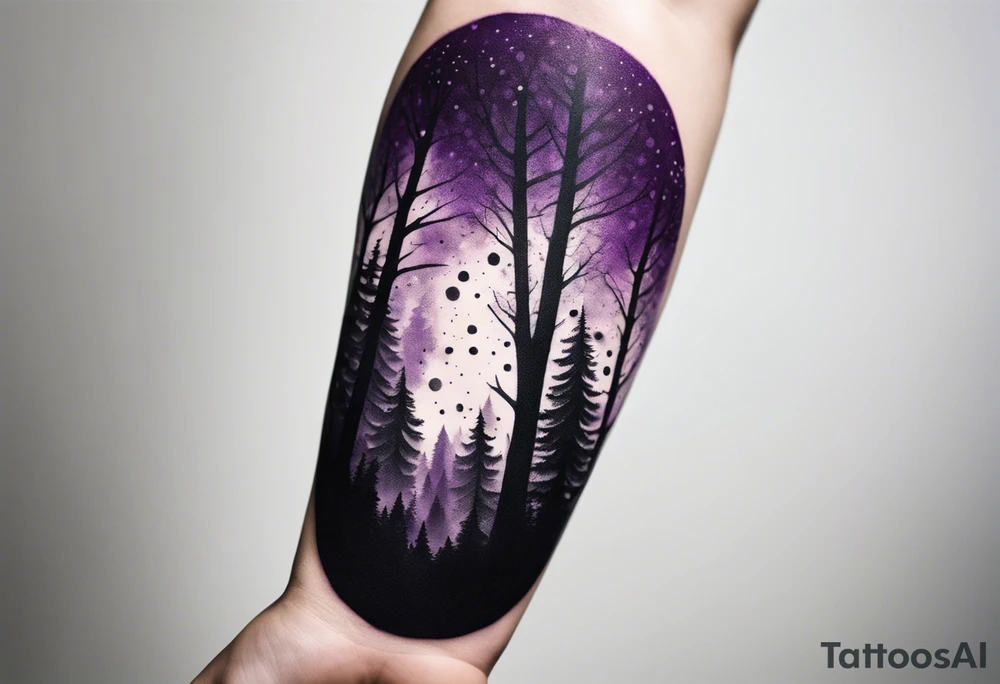 forest, purple and black, covered from wrist to forearm, fully covered, no borders, blackwork tattoo idea