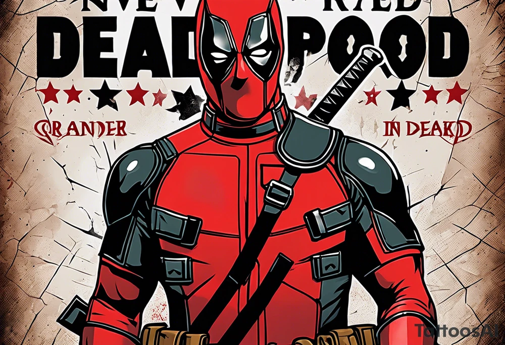 Banner with Text: A worn, dark banner wraps around Deadpool with the phrase "NEVER DEAD" in bold, cracked letters that give a strong and aggressive impression. The banner has small torn details, as if it’s been through rough conditions, with shading that adds depths. tattoo idea