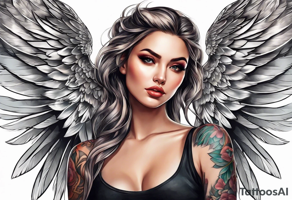 Beautiful woman angle with large wings tattoo idea