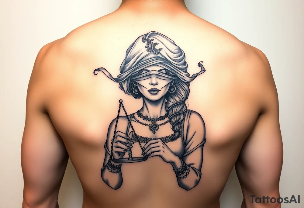 Fortuna's card as a beautiful woman with eyes covered with material, holds a scale in her hands tattoo idea