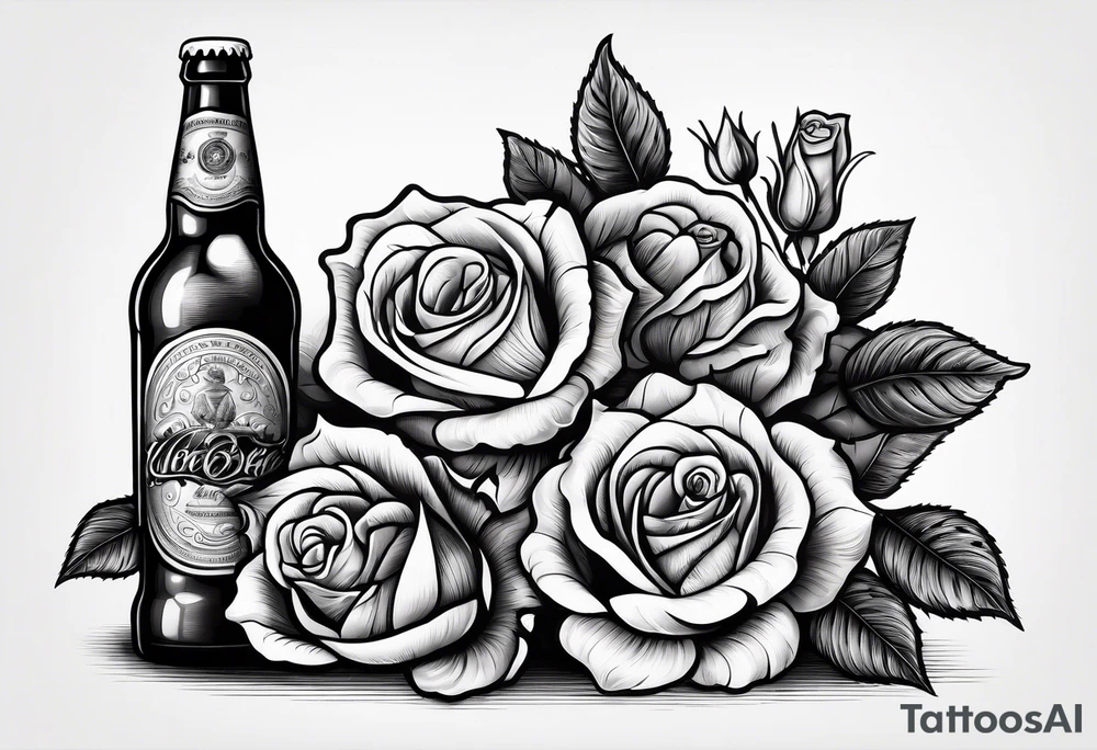 A bottle of beer and a stalk of rose in the bucket tattoo idea