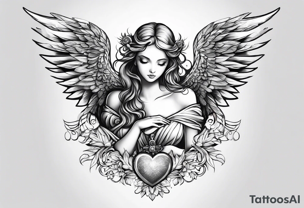 small angel with wings and heart on hands tattoo idea