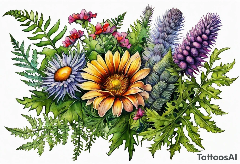 mixed wildflower bouquet with ferns, thistle and with watercolor to go along foot tattoo idea