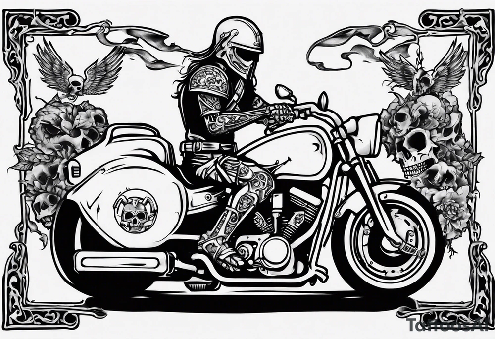 i want a tattoo of a motorcycle being ridden into the distance by a skeleton and the number plate to say “Viking Customs” tattoo idea