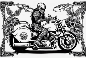 i want a tattoo of a motorcycle being ridden into the distance by a skeleton and the number plate to say “Viking Customs” tattoo idea