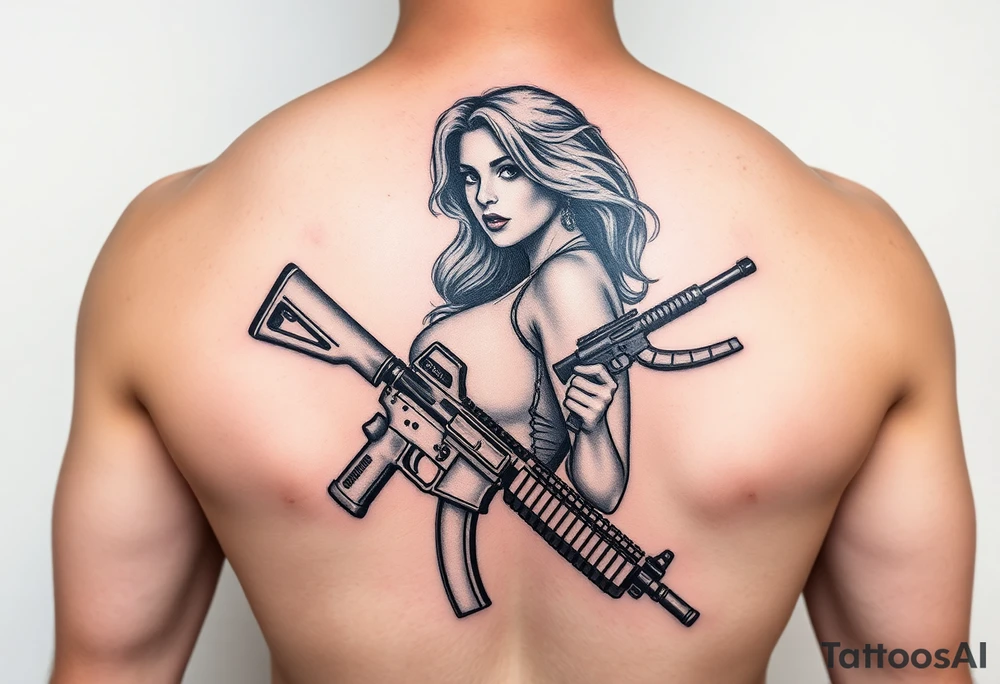 Curvy woman with ak 47 and a uzi tattoo idea
