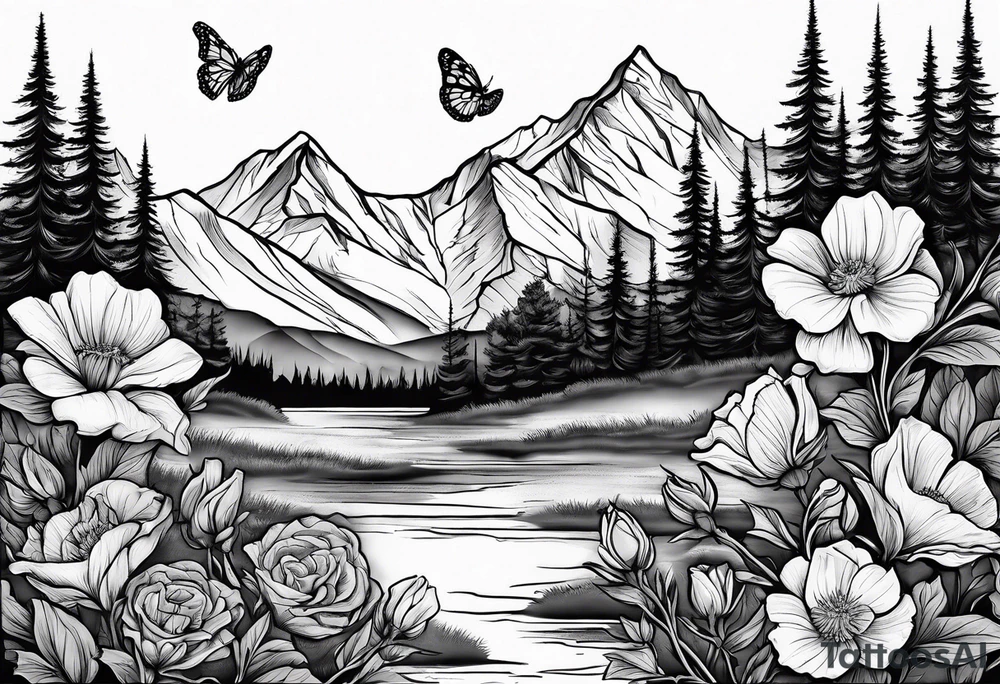 Rocky mountain peak with mountain blue birds and monarch butterflies with wild prairie roses for a half sleeve tattoo idea