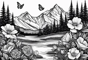 Rocky mountain peak with mountain blue birds and monarch butterflies with wild prairie roses for a half sleeve tattoo idea