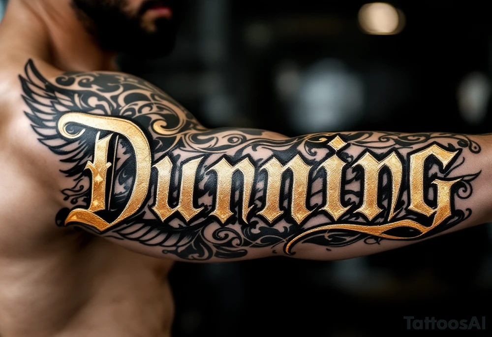 Dunning, details include bold strong font, gold highlights, theme of wealth and angel wings, taino native tattoo idea