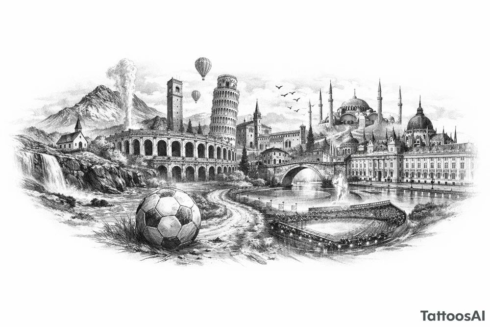 Iceland x3 (sindri, ibv, stjarnan) Italy x2 (Verona, Sassuolo) Spain (Logrono) Turkey x2 (Fenerbahce, Besiktas) Hungary (Fradi) France (Bordeaux) Something to do with football journey, surreal style to fit on arm forearm or inner bicep no crests just main attractions of each country tattoo idea