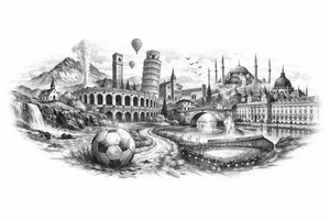Iceland x3 (sindri, ibv, stjarnan) Italy x2 (Verona, Sassuolo) Spain (Logrono) Turkey x2 (Fenerbahce, Besiktas) Hungary (Fradi) France (Bordeaux) Something to do with football journey,  surreal style to fit on arm forearm or inner bicep no crests just main attractions of each country tattoo idea