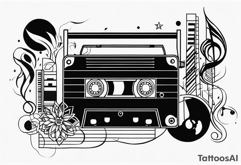geometric tattoo with music notes, a cassette tape, and
instruments tattoo idea