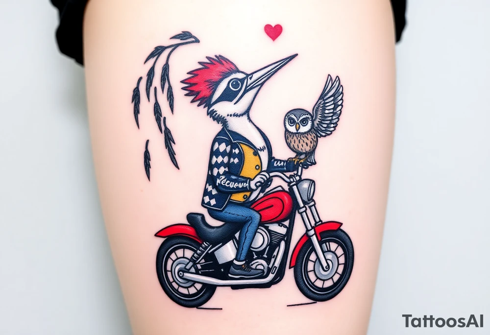 Woody the woodpecker wearing a leather vest that says peckerwoods, on a Harley Davidson under a willow tree, gazing in love at a barn owl tattoo idea