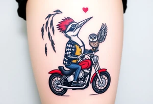 Woody the woodpecker wearing a leather vest that says peckerwoods, on a Harley Davidson under a willow tree, gazing in love at a barn owl tattoo idea