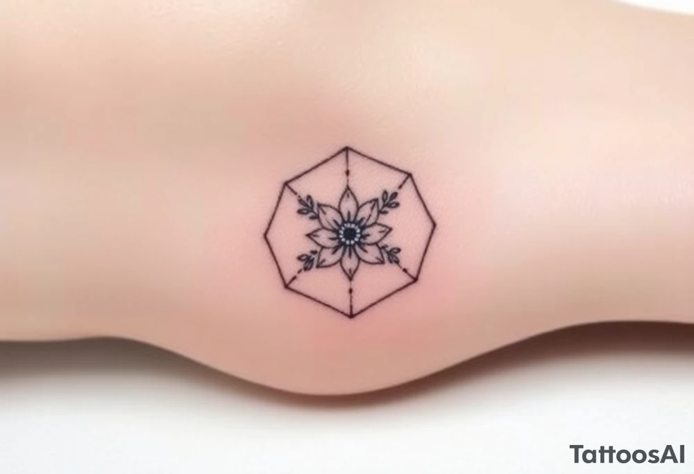 Faint Hexagon with astrological sign for Leo, larkspur and water lilies in the center tattoo idea