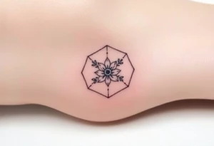 Faint Hexagon with astrological sign for Leo, larkspur and water lilies in the center tattoo idea