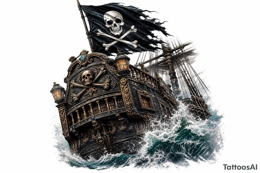 Close-up of a pirate ship's stern, waves crashing over the deck, Jolly Roger. tattoo idea