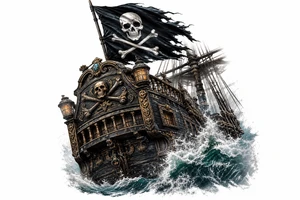 Close-up of a pirate ship's stern, waves crashing over the deck, Jolly Roger. tattoo idea