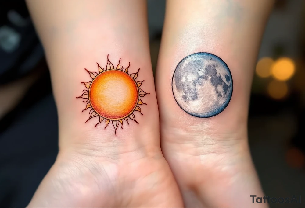 One partner with a radiant sun in warm orange and gold tones, the other with a silver moon in pale blues and grays, facing each other.
Placement: Back of the neck or upper arm. tattoo idea