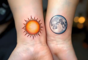 One partner with a radiant sun in warm orange and gold tones, the other with a silver moon in pale blues and grays, facing each other.
Placement: Back of the neck or upper arm. tattoo idea