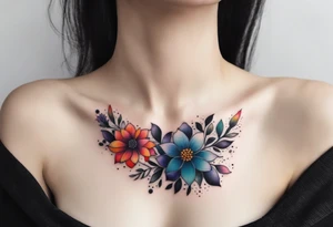 Collarbone tattoo of bright colorful flowers tattoo idea