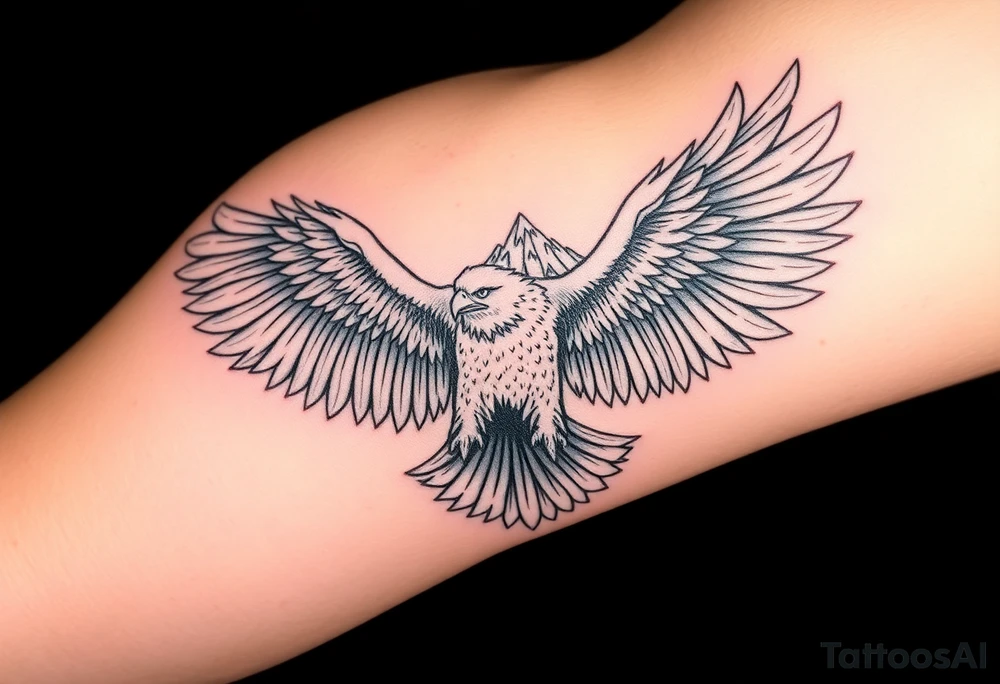 majestic eagle spreading wings against mountain peaks tattoo idea