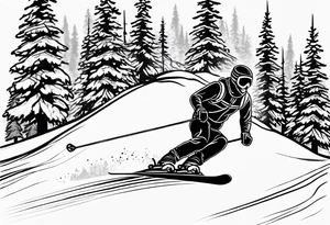 simple drawing of a 
tattoo of a snow skier skiing through trees showing ski trail tattoo idea