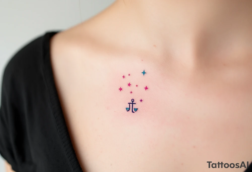 A tiny pink Libra symbol floats above a gradient Libra stars constellation fading from teal to violet. tattoo idea