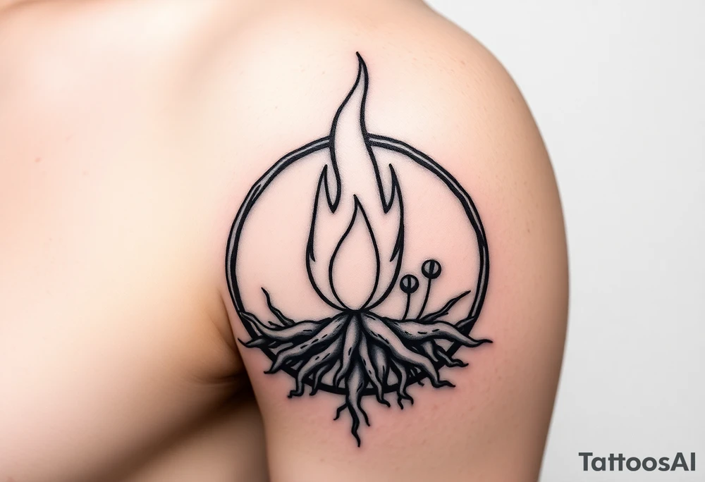 flame in a roots circle, with little sprouts on th roots tattoo idea