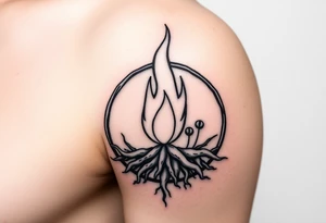 flame in a roots circle, with little sprouts on th roots tattoo idea