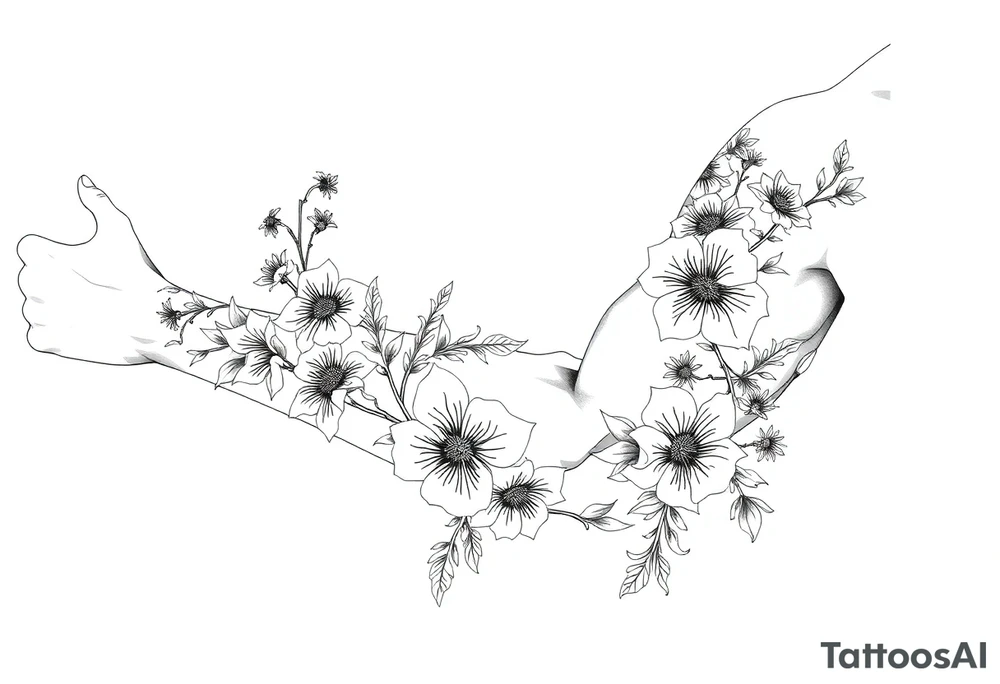 Full sleeve tattoo design of larkspur and hawthorn flowers, highly detailed line art, black ink, elegant botanical style, intertwined composition, no shading, no human mock-up, clean stencil style suitable for tattooing, fit fully within boundaries. LINE ART ONLY, REMOVE HUMAN, NO SKIN, NO ARM, NO HUMAN BODY PARTS tattoo idea