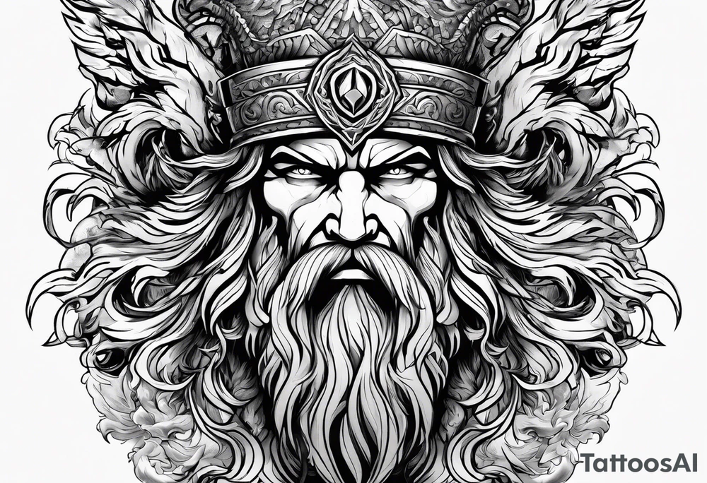 The enraged god Zeus the Thunderer with lightning bolts in a furious tattoo idea