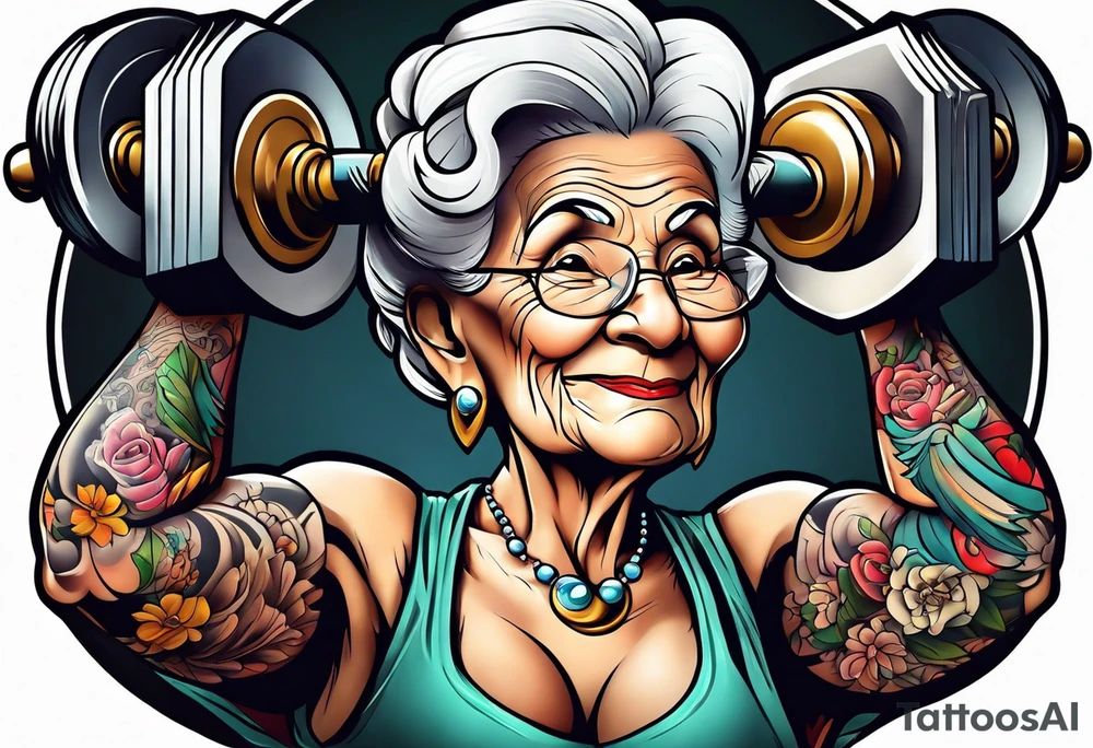 Strong old woman lifting dumbells tattoo idea