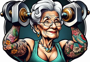 Strong old woman lifting dumbells tattoo idea