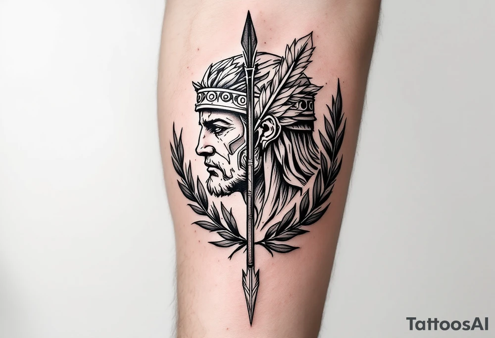 greek warrior that from his face come down a long arrow and surrounded by a olive tree leaf around tattoo idea