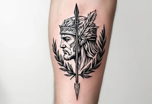 greek warrior that from his face come down a long arrow and surrounded by a olive tree leaf around tattoo idea