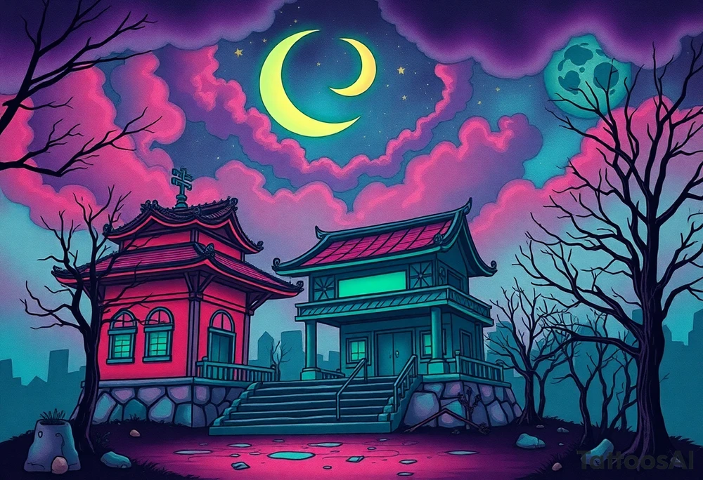 Tim Burton’s haunted pastel Tokyo shrine is abandoned and dripping with muted reds, dusty pinks, and eerie green glow.purple and cyan smokey clouds swirl in the crescent moonlit sky thats sprinkled with stars tattoo idea tattoo idea