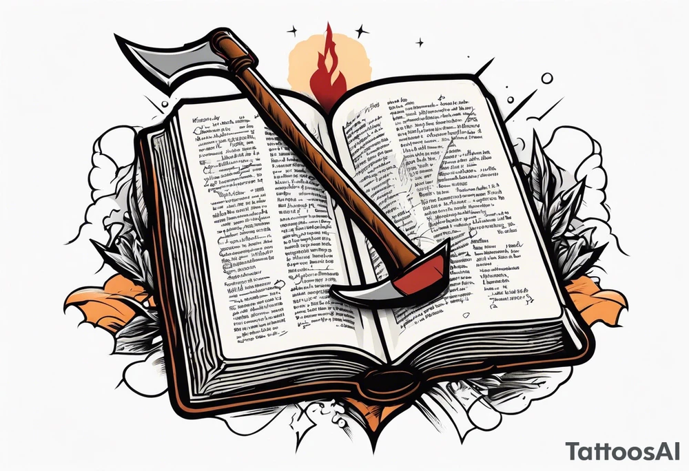 An opened bible with a battle Axe tattoo idea