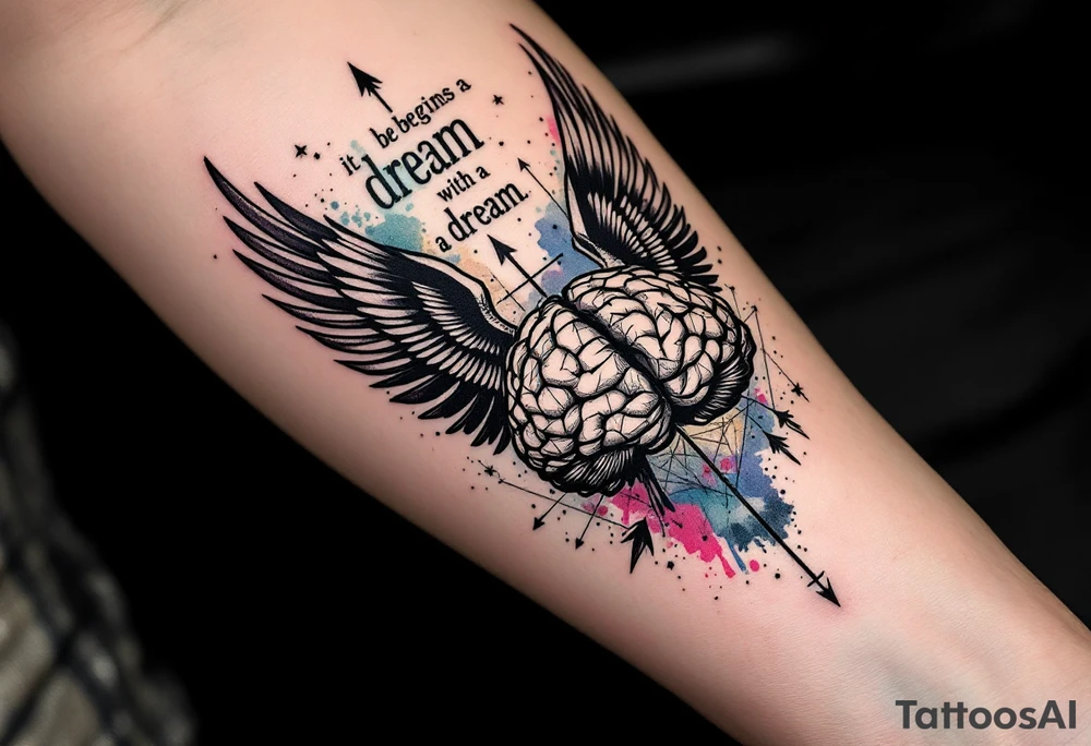 Tattoo inspired in the gifted brain in geometric and straight lines, with few watercolor details but mostly black, symbols representing intelligence, creativity and dreaming flying arround, the phrase "It begins with a dream", raven wings behind, and an arrow crossing from above, and watercolors leaking of it tattoo idea