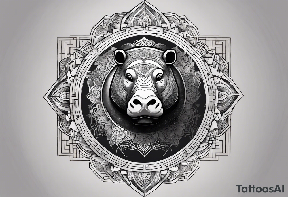 Very asymmetrical, +geometric pattern, with realistic full moon, with serious looking hippo, +zen feel, + Buddhism touch, +tribal, +geometric, +chinese inkart 
with wintersweet flower bud, +portrait orientation, +inkart touch, tattoo idea