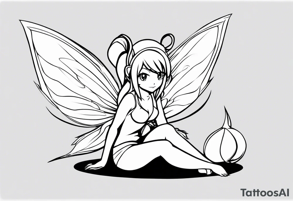 No color sketch of a fairy with a tail inspired by the guild symbol in the anime show called Fairy Tail in a fetal position leaning in and forward while crawled in tattoo idea