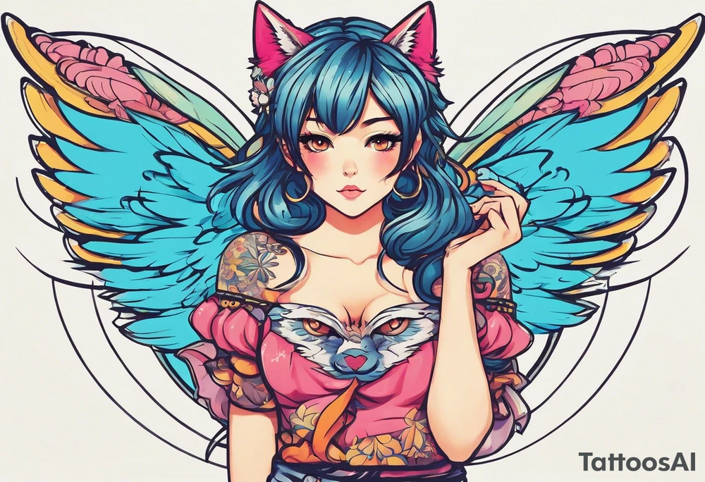 I want a half sleeve on right arm from wrist to elbow. I want the theme to be Neko Anime girl with wings around age 18-24. I want the face to be pouting face with puffed cheeks. tattoo idea