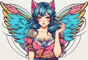 I want a half sleeve on right arm from wrist to elbow. I want the theme to be Neko Anime girl with wings around age 18-24. I want the face to be pouting face with puffed cheeks. tattoo idea