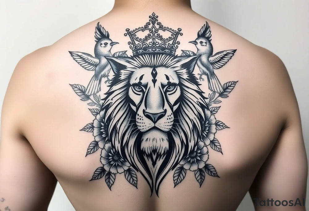 powerful majestic lion with a crown, surrounded by floral ornaments and birds tattoo idea