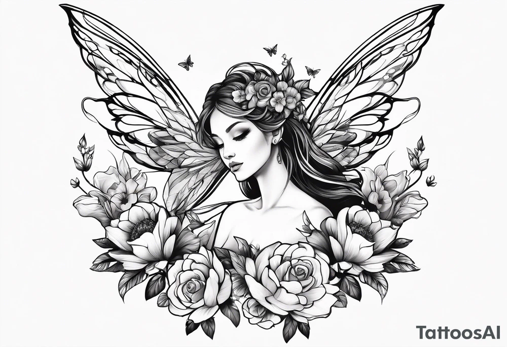 Flying Fairy with flowers tattoo idea