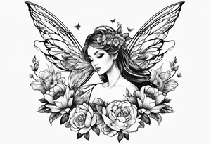 Flying Fairy with flowers tattoo idea