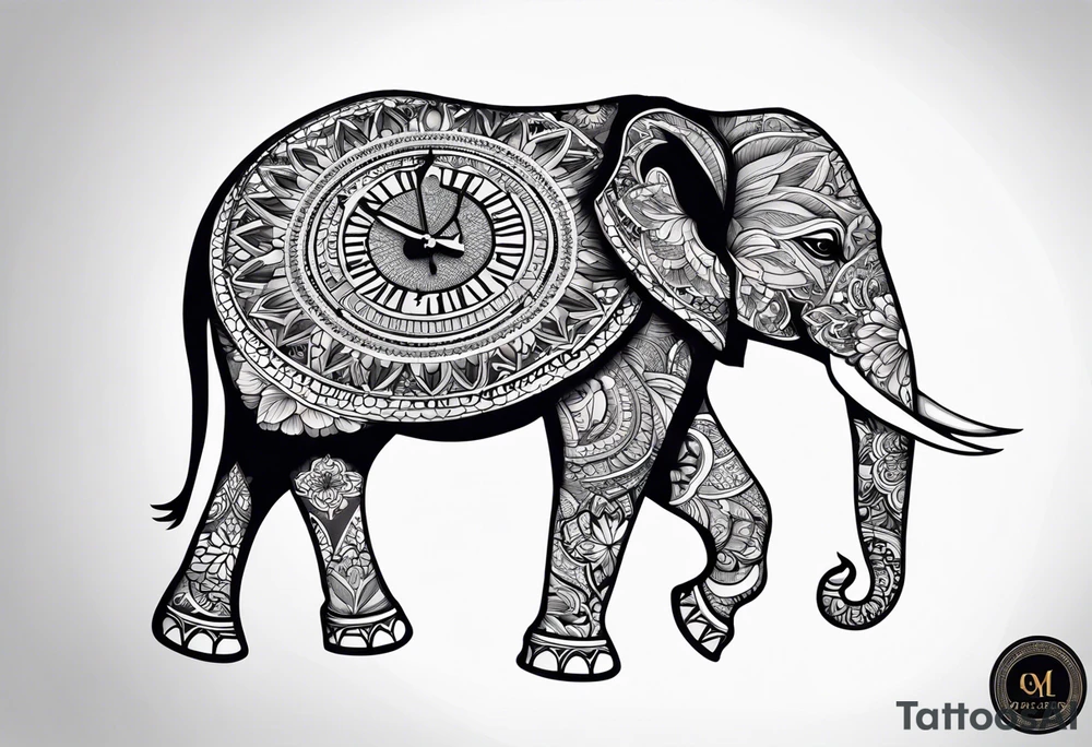 elephant, mandala, clock tattoo idea