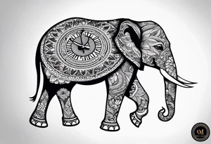 elephant, mandala, clock tattoo idea