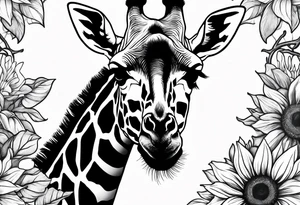 giraffe front view with sunflower and leafs tattoo idea