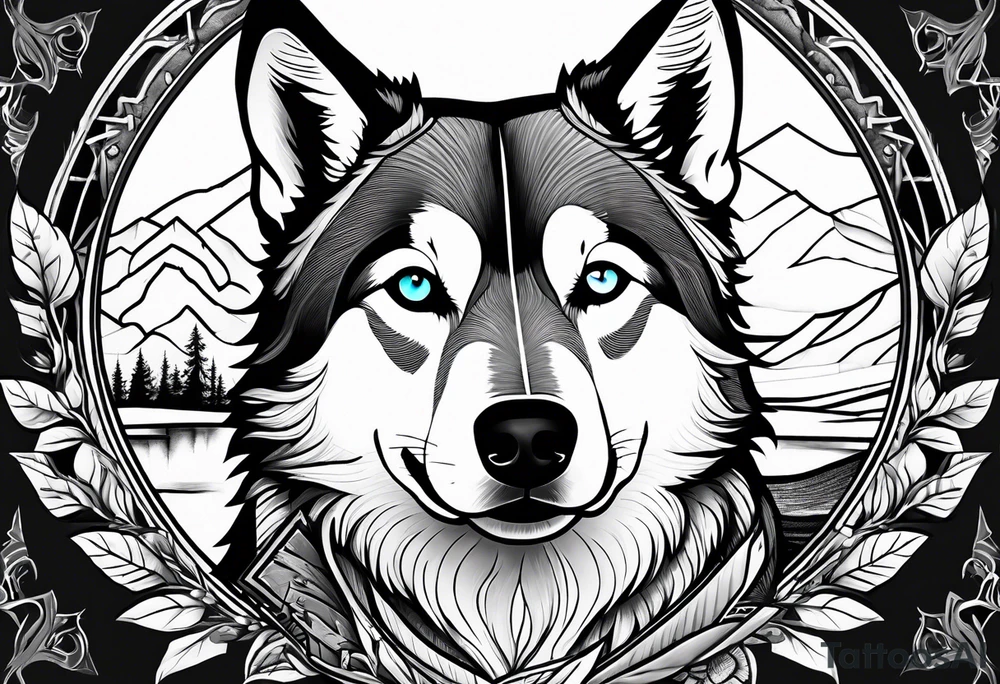 husky with compas and trees tattoo idea